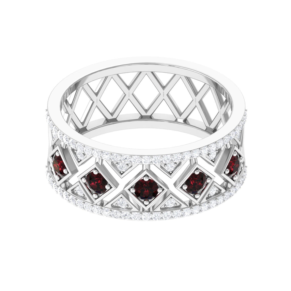 Vintage Inspired Garnet and Diamond Wedding Band Garnet - ( AAA ) - Quality - Rosec Jewels