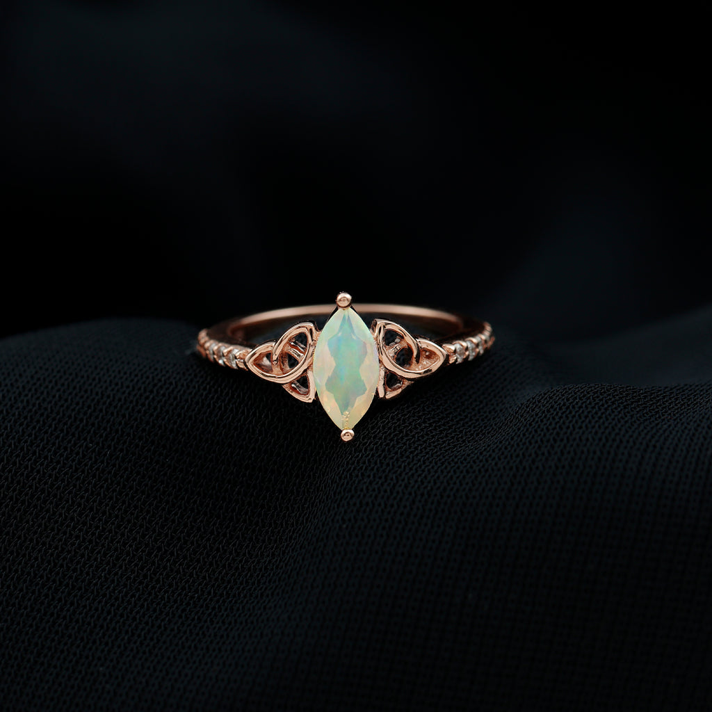 Marquise Cut Solitaire Ethiopian Opal Celtic Knot Ring with Diamond Ethiopian Opal - ( AAA ) - Quality - Rosec Jewels