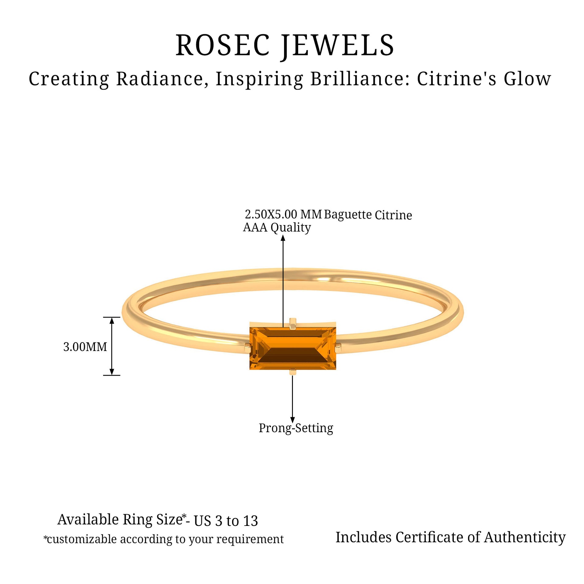 Baguette Shape Citrine November Birthstone Promise Ring Citrine - ( AAA ) - Quality - Rosec Jewels