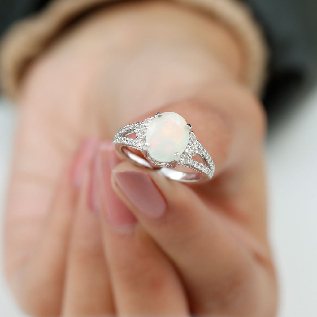 Oval Ethiopian Opal Engagement Ring with Diamond Split Shank Ethiopian Opal - ( AAA ) - Quality - Rosec Jewels