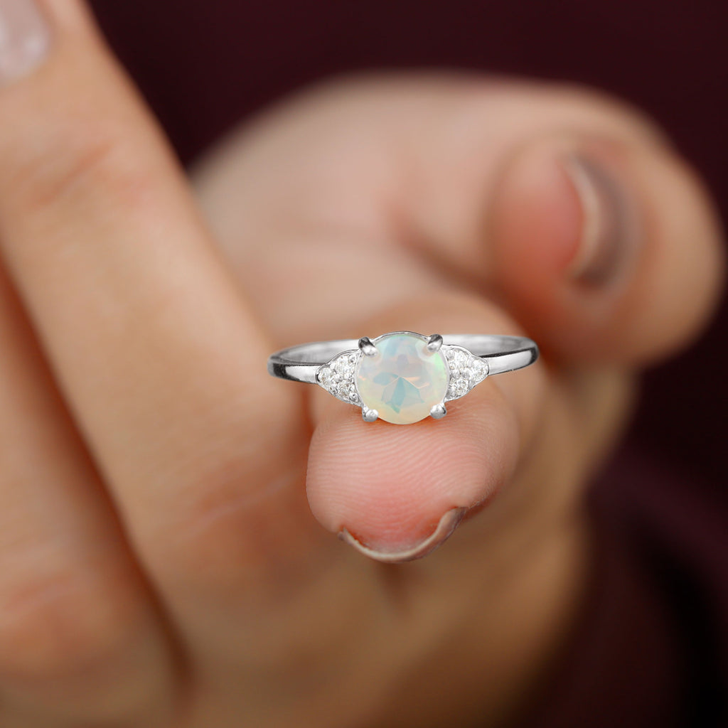 1 CT Round Ethiopian Opal Solitaire Ring with Diamond Trio Ethiopian Opal - ( AAA ) - Quality - Rosec Jewels