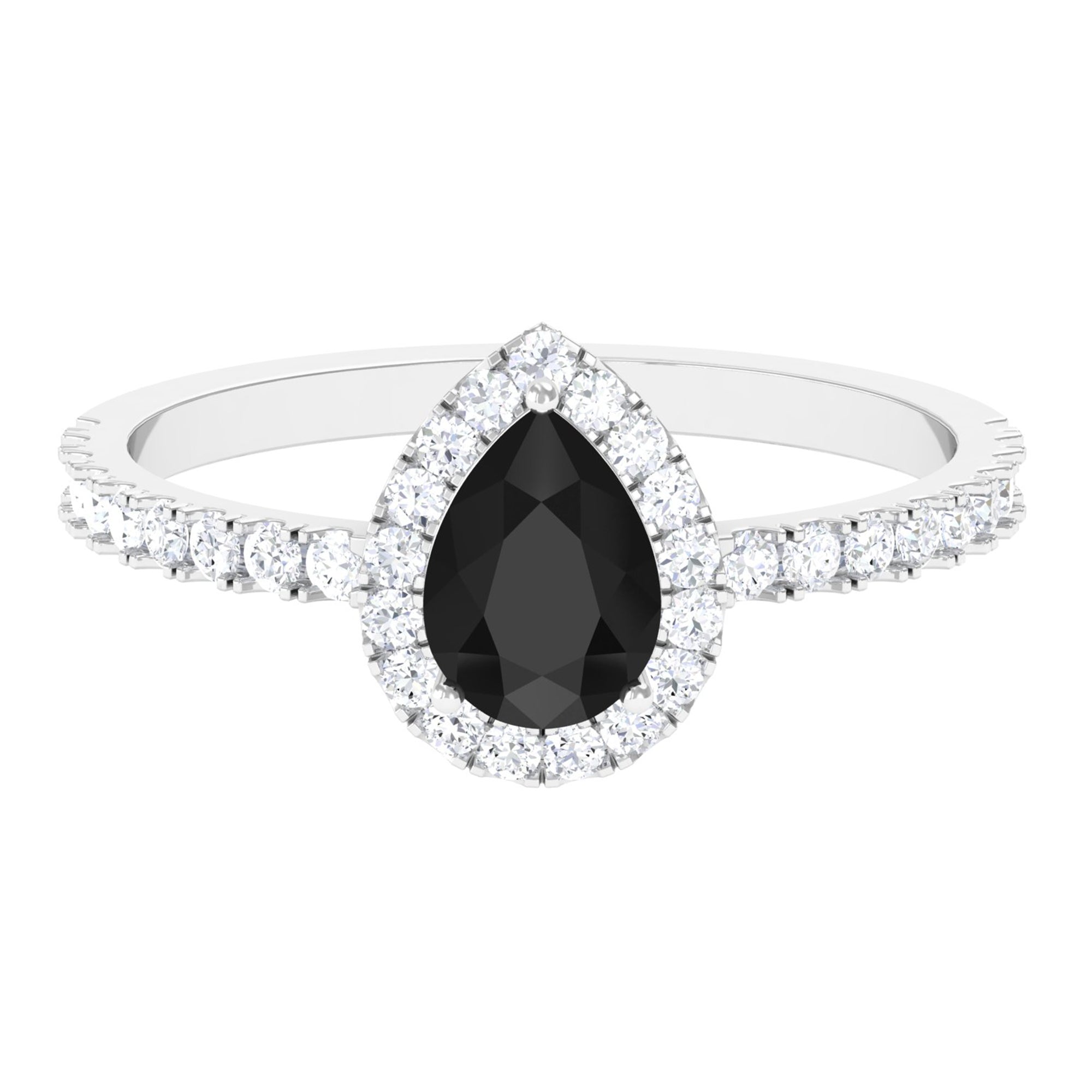 Pear Shape Black Onyx Engagement Ring with Diamond Halo Black Onyx - ( AAA ) - Quality - Rosec Jewels