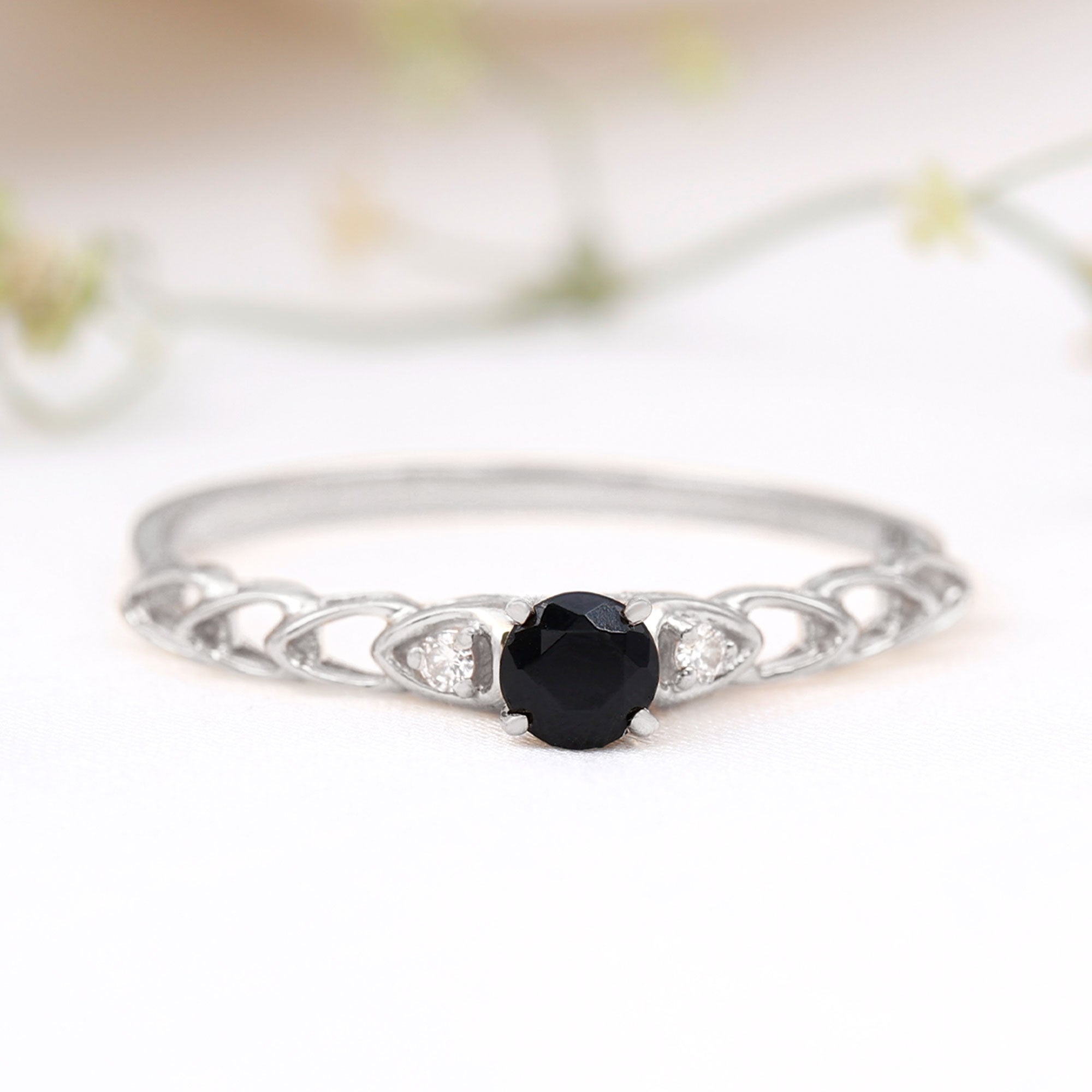 0.50 CT Black Spinel Solitaire Ring with Diamond and Cutout Details Black Spinel - ( AAA ) - Quality - Rosec Jewels