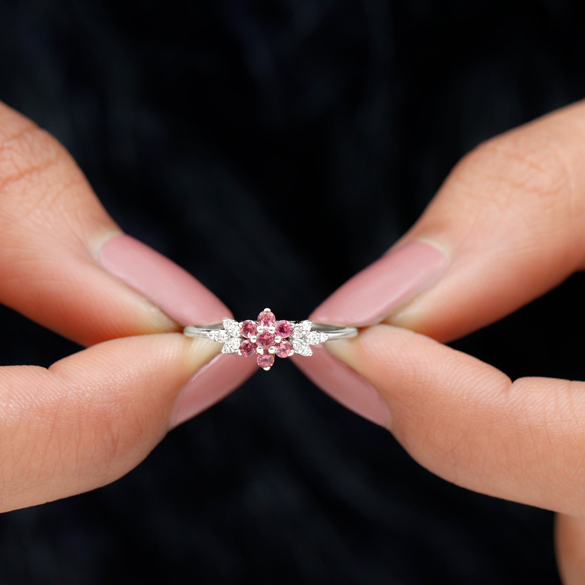Real Pink Tourmaline Flower Cluster Ring with Diamond Pink Tourmaline - ( AAA ) - Quality - Rosec Jewels