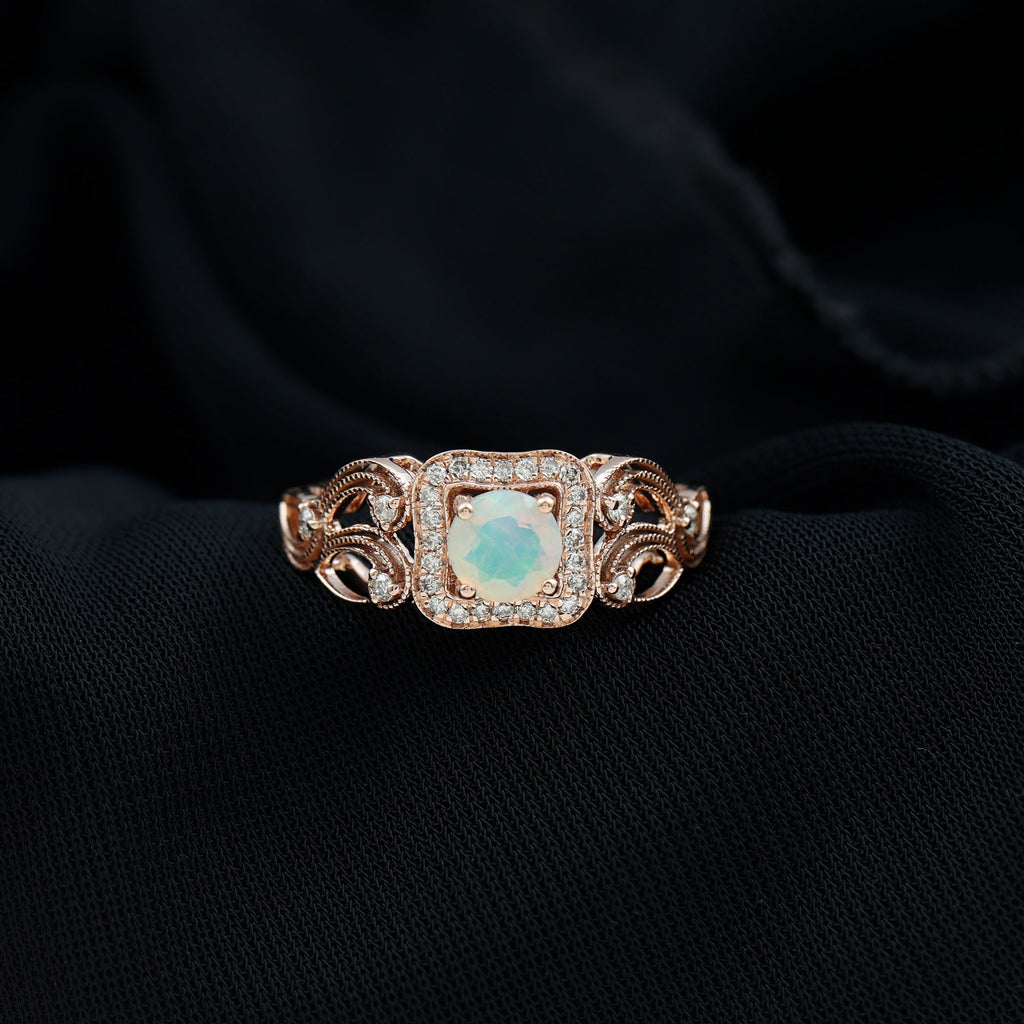 3/4 CT Ethiopian Opal and Diamond Art Deco Engagement Ring with Gold Milgrain Details Ethiopian Opal - ( AAA ) - Quality - Rosec Jewels