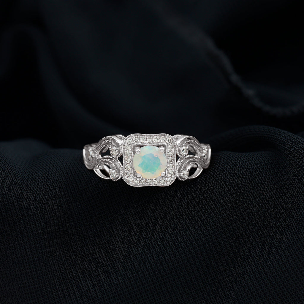 3/4 CT Ethiopian Opal and Diamond Art Deco Engagement Ring with Gold Milgrain Details Ethiopian Opal - ( AAA ) - Quality - Rosec Jewels