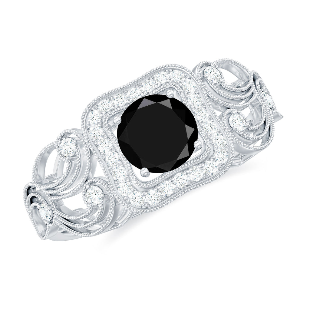 3/4 CT Black Onyx and Diamond Art Deco Engagement Ring with Milgrain Details Black Onyx - ( AAA ) - Quality - Rosec Jewels