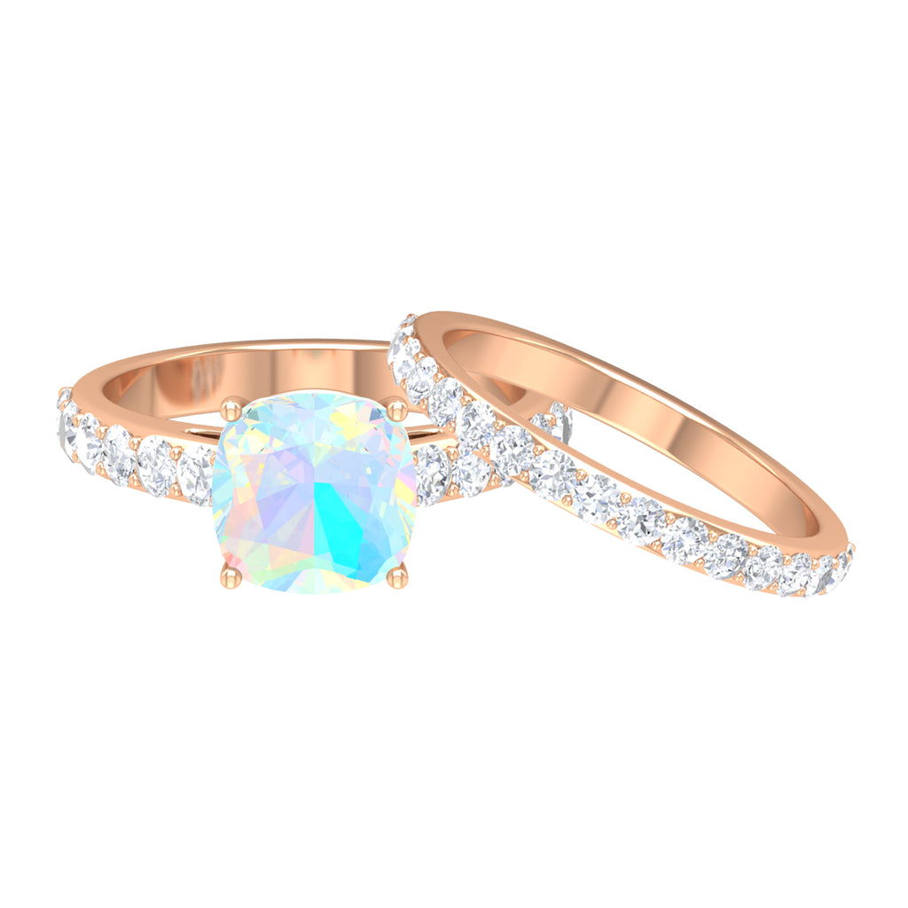 Real Ethiopian Opal and Moissanite Wedding Ring Set Ethiopian Opal - ( AAA ) - Quality - Rosec Jewels