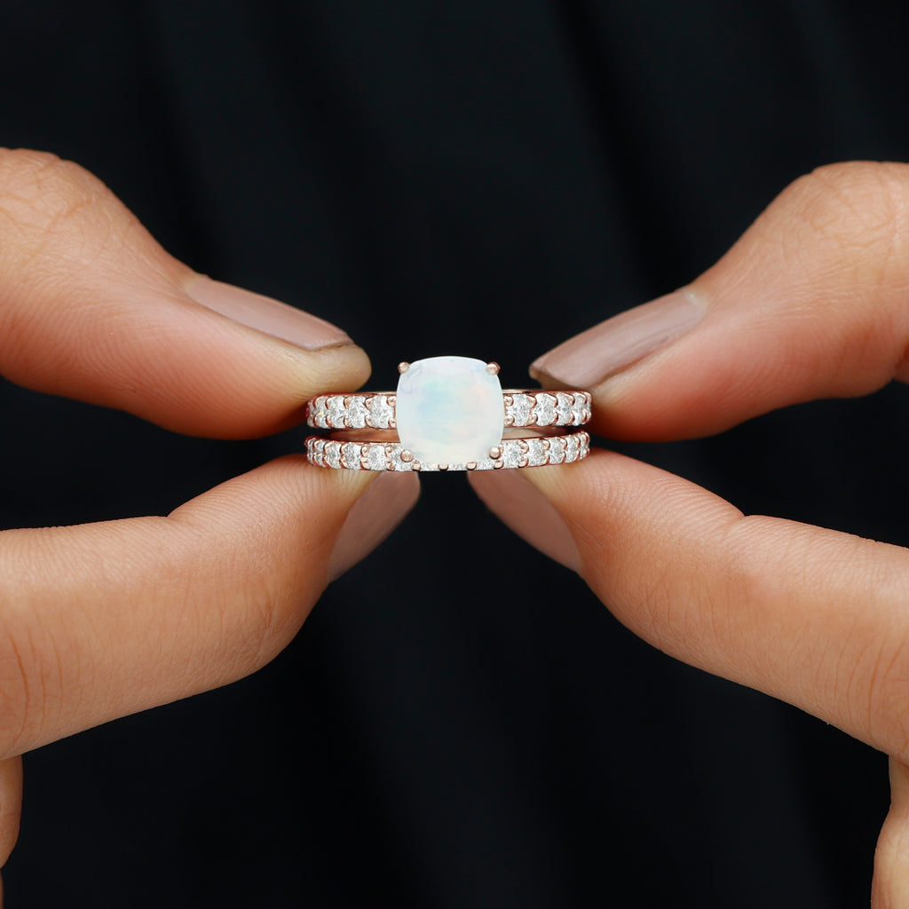 Real Ethiopian Opal and Moissanite Wedding Ring Set Ethiopian Opal - ( AAA ) - Quality - Rosec Jewels