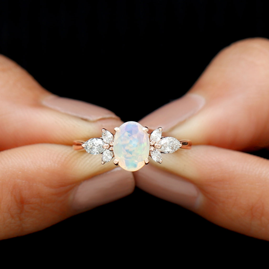 Oval Ethiopian Opal Designer Engagement Ring with Diamond Petal Ethiopian Opal - ( AAA ) - Quality - Rosec Jewels