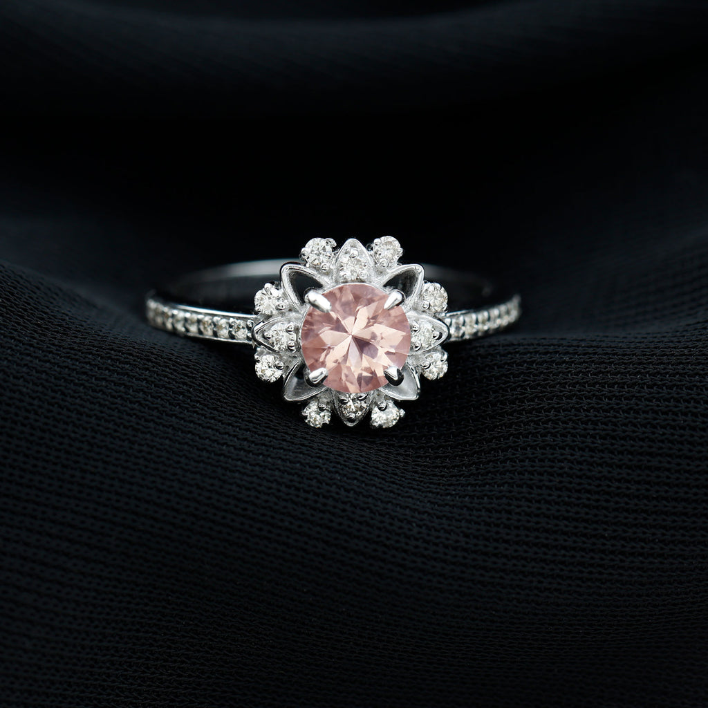 Round Morganite and Diamond Flower Engagement Ring Morganite - ( AAA ) - Quality - Rosec Jewels