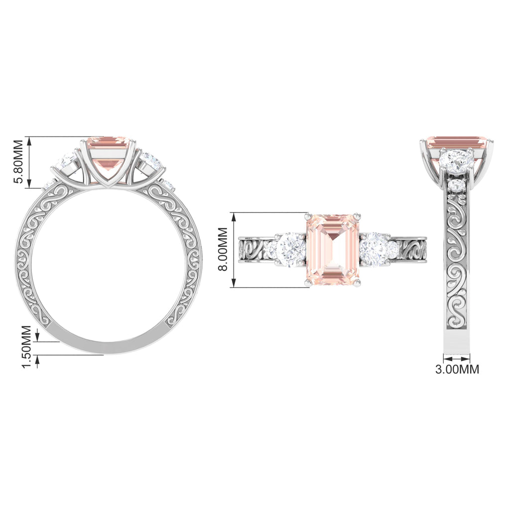 2.25 CT Octagon Cut Morganite and Moissanite Three Stone Engraved Anniversary Ring Morganite - ( AAA ) - Quality - Rosec Jewels