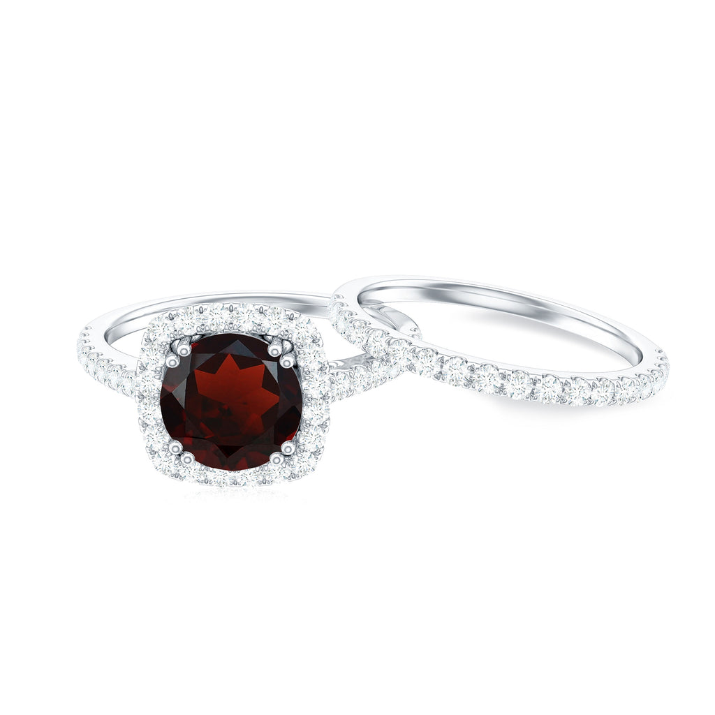 Real Garnet Wedding Ring Set with Diamond Halo Garnet - ( AAA ) - Quality - Rosec Jewels