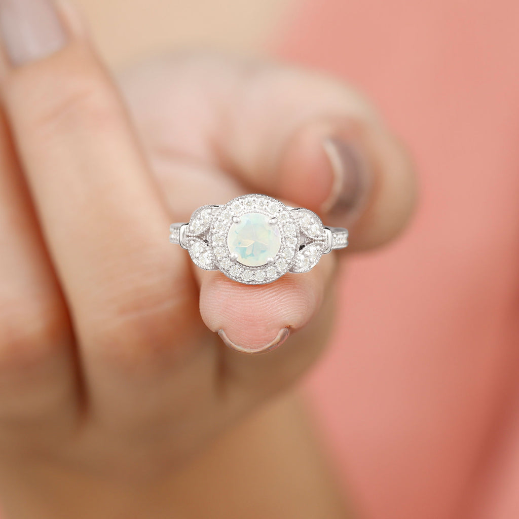 1.5 CT Ethiopian Opal Vintage Engagement Ring with Diamond Ethiopian Opal - ( AAA ) - Quality - Rosec Jewels