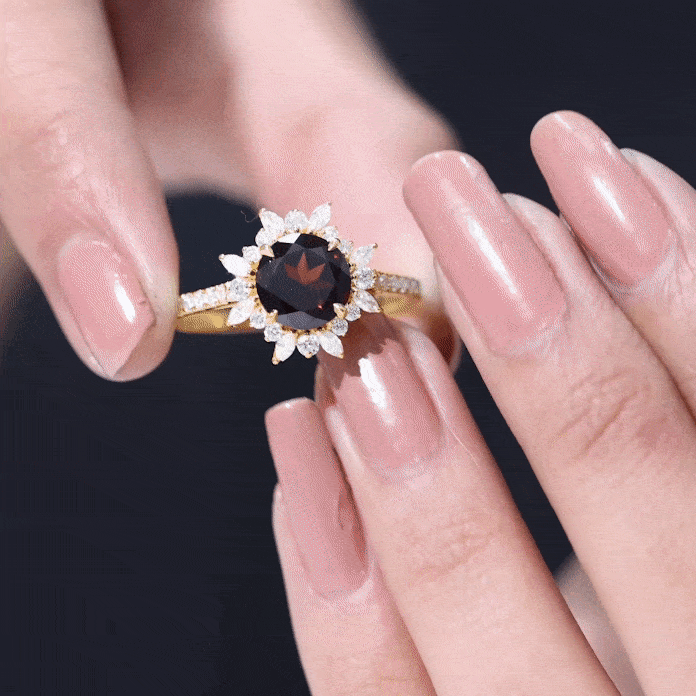 Round Garnet Statement Ring with Diamond Floral Halo Garnet - ( AAA ) - Quality - Rosec Jewels