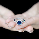 Certified Created Sapphire Halo Engagement Ring With Moissanite Lab Created Blue Sapphire - ( AAAA ) - Quality - Rosec Jewels