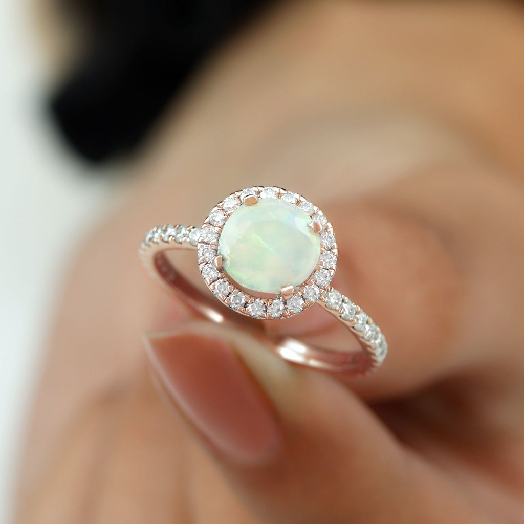 Round Ethiopian Opal Halo Engagement Ring with Moissanite Ethiopian Opal - ( AAA ) - Quality - Rosec Jewels