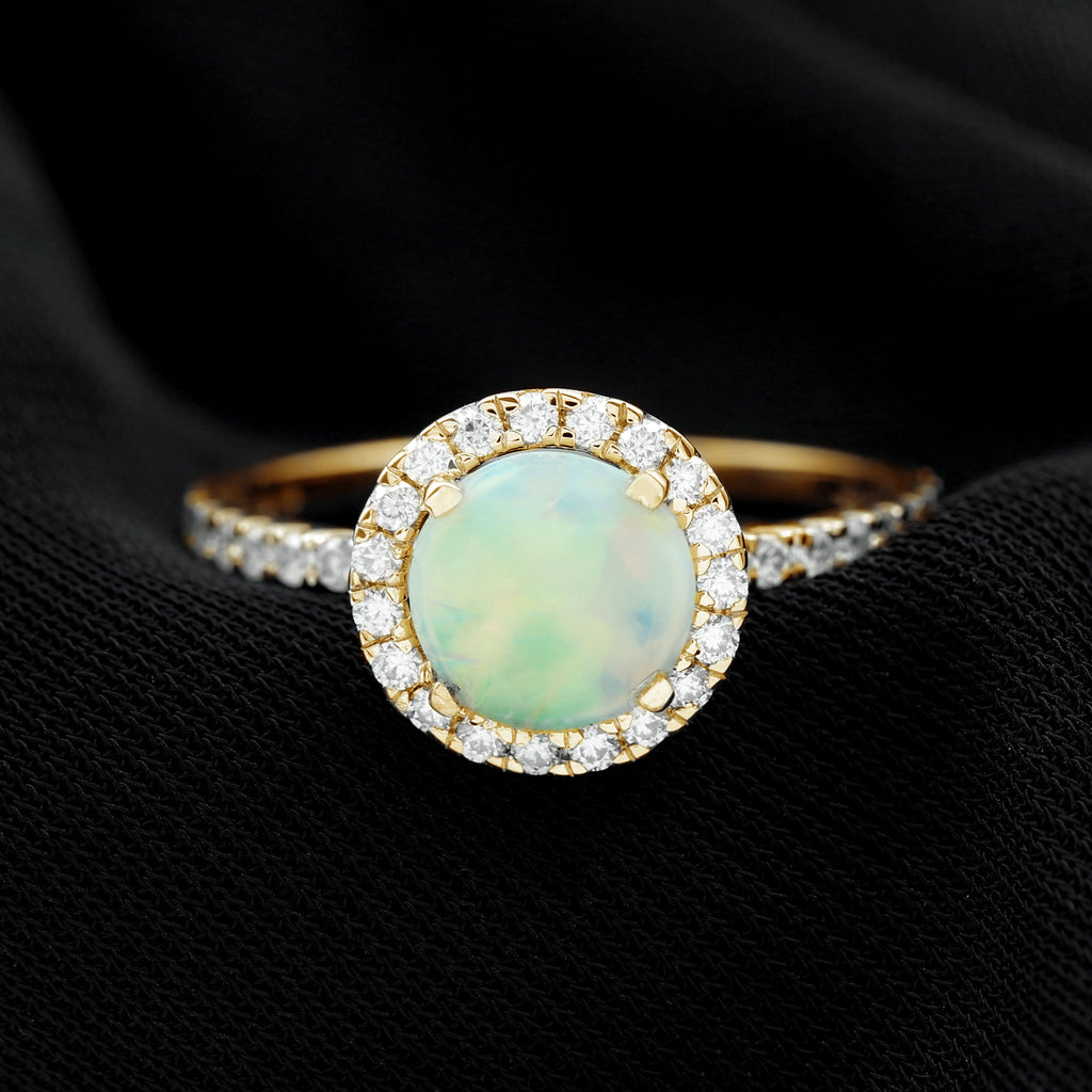 Round Ethiopian Opal Halo Engagement Ring with Moissanite Ethiopian Opal - ( AAA ) - Quality - Rosec Jewels