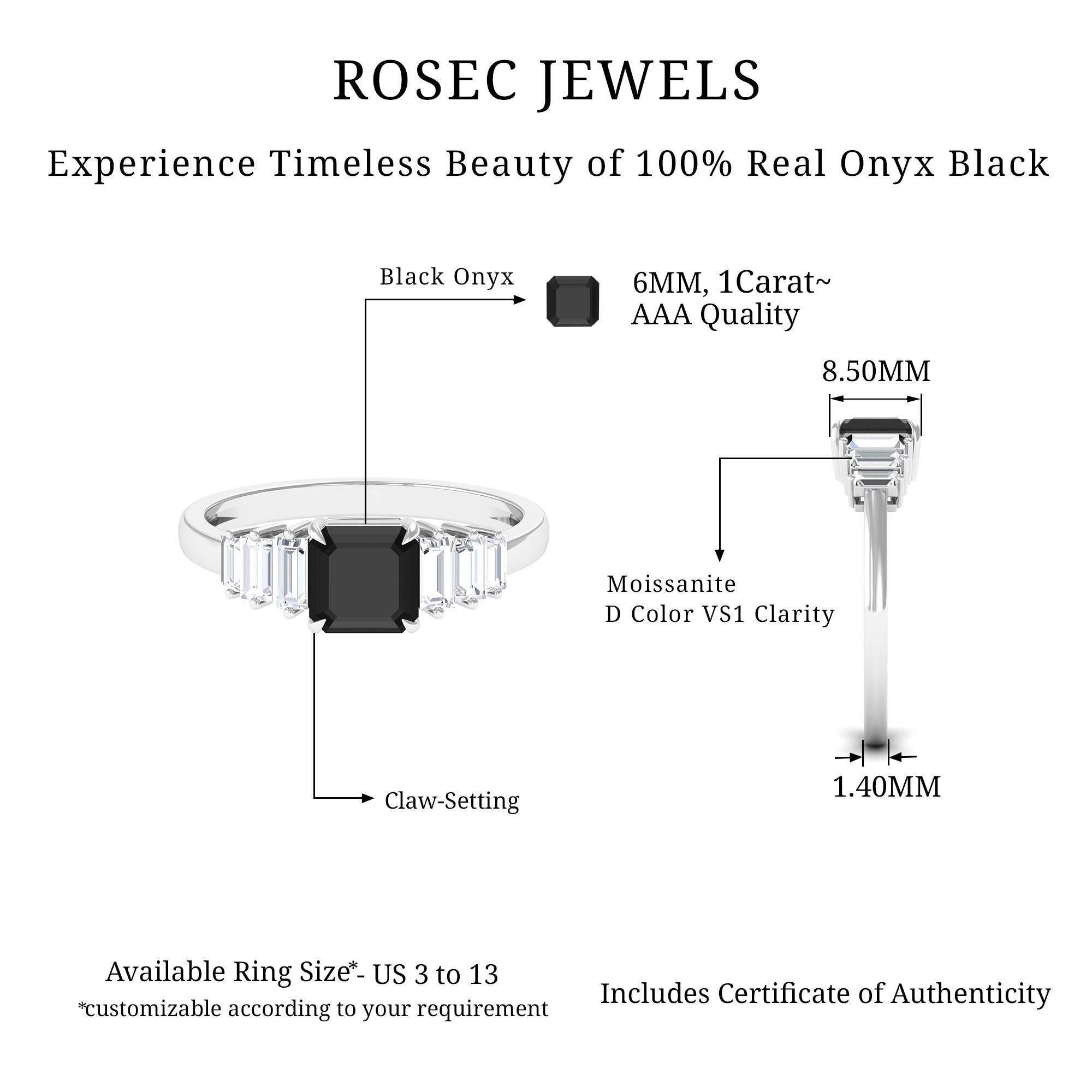 Real Black Onyx Engagement Ring With Moissanite Black Onyx - ( AAA ) - Quality 92.5 Sterling Silver 9.5 - Rosec Jewels