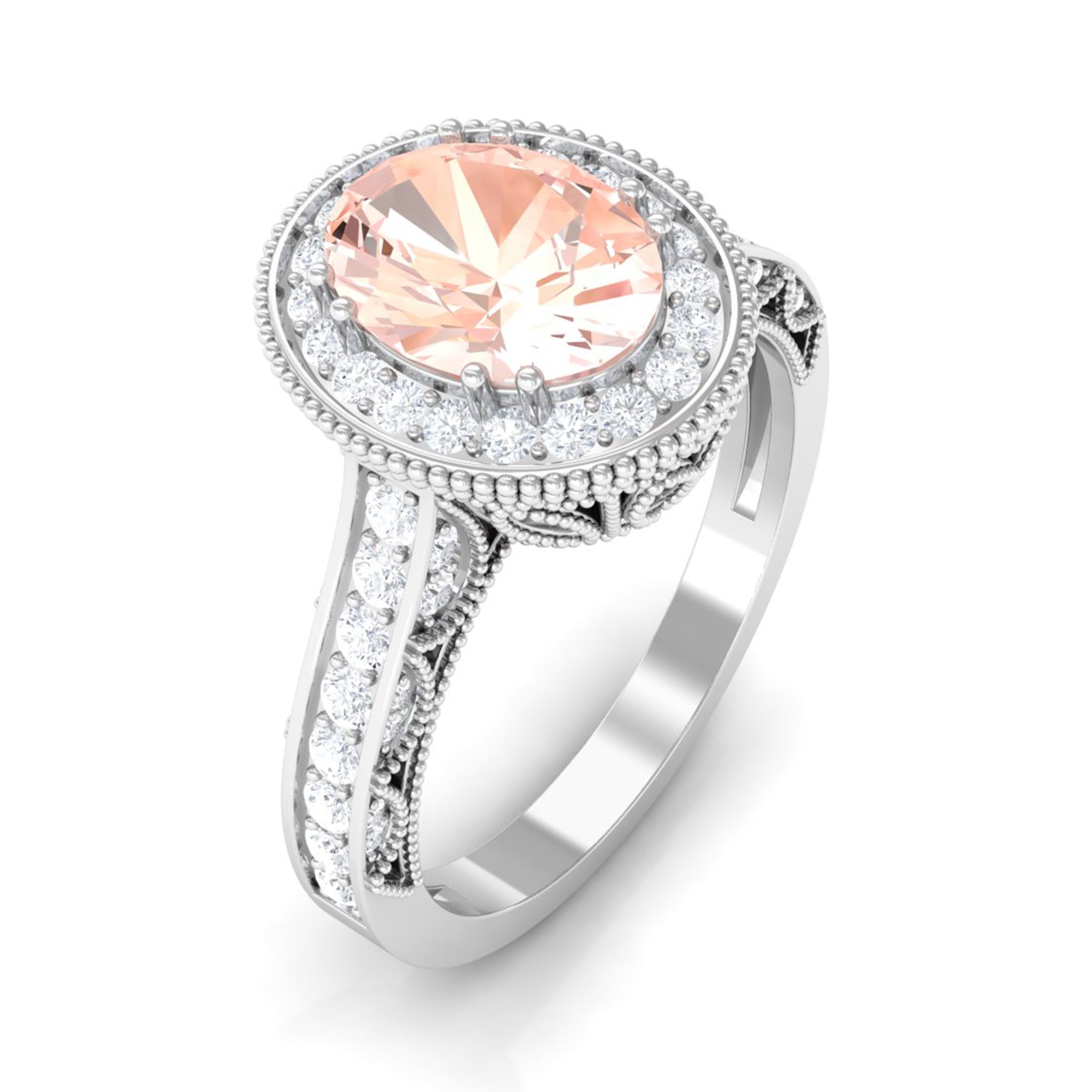 2 CT Morganite Oval Halo Engagement Ring with Diamond Morganite - ( AAA ) - Quality - Rosec Jewels