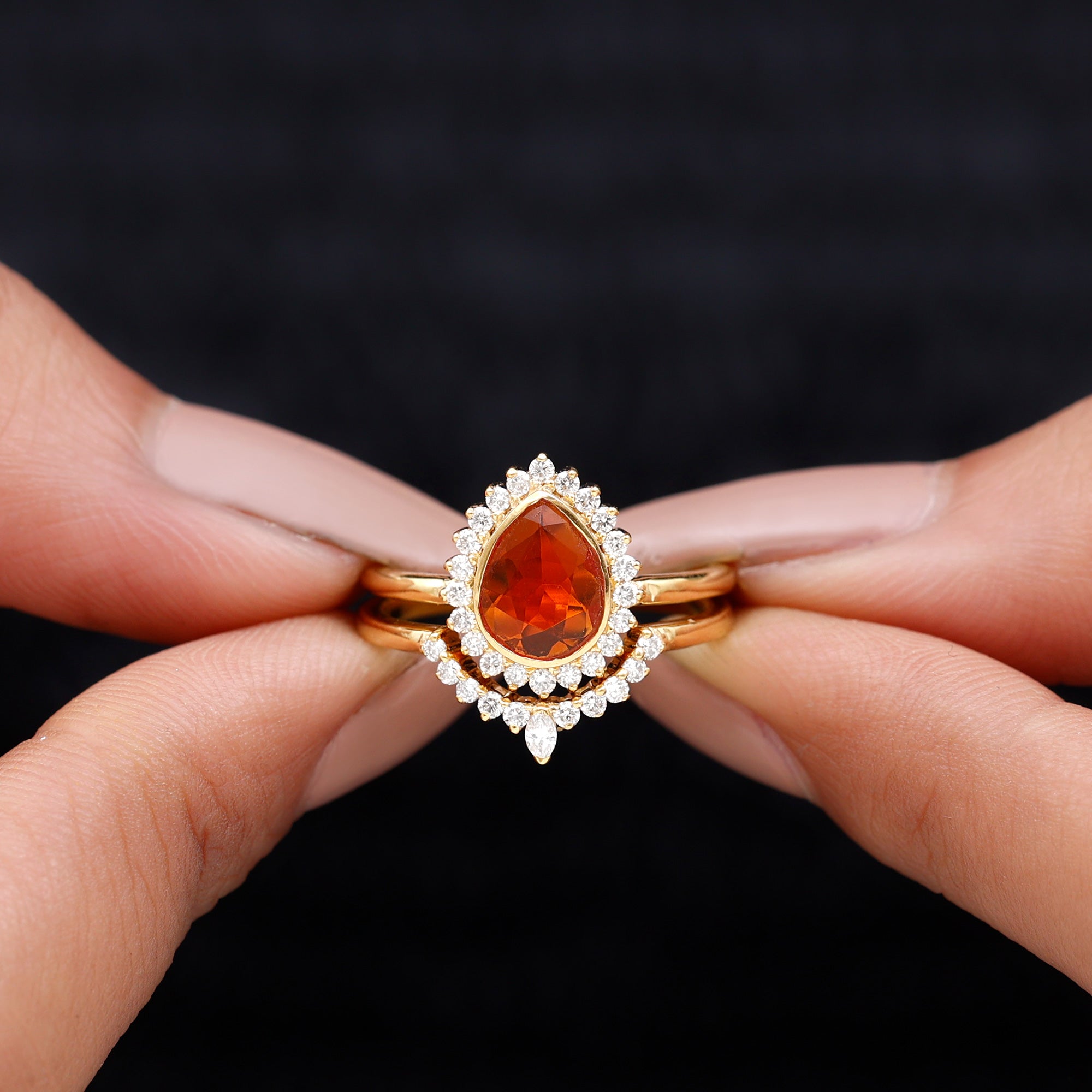 Real Fire Opal Teardrop Wedding Ring Set with Diamond Halo Fire Opal - ( AAA ) - Quality - Rosec Jewels
