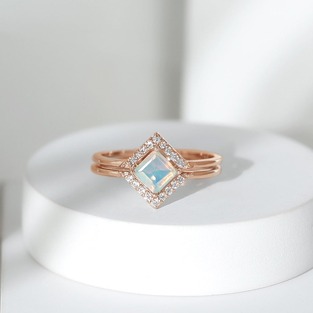 1 CT Minimal Princess Cut Ethiopian Opal and Moissanite Engagement Enhancer Ring Set Ethiopian Opal - ( AAA ) - Quality - Rosec Jewels