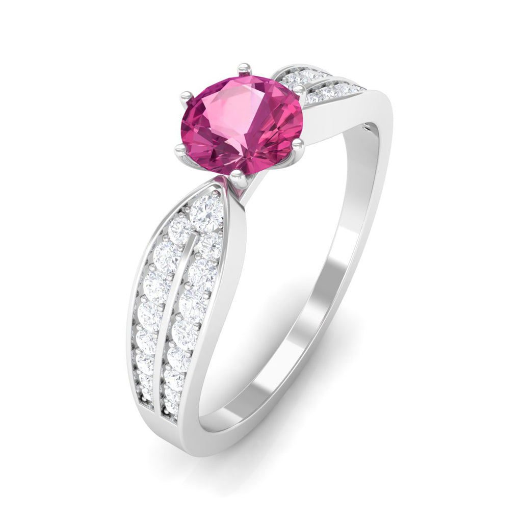 1 CT Six Prong Set Pink Tourmaline Engagement Ring with Diamond Side Stones Pink Tourmaline - ( AAA ) - Quality - Rosec Jewels