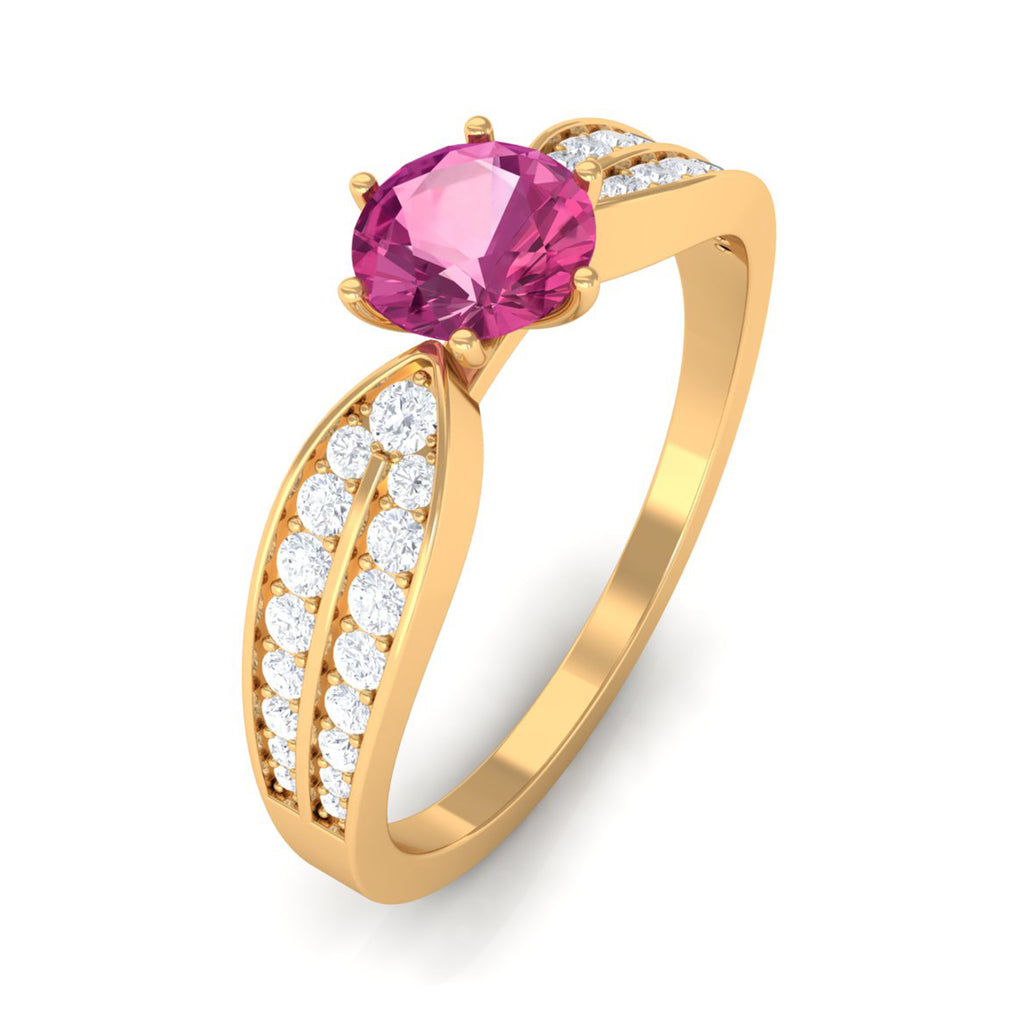 1 CT Six Prong Set Pink Tourmaline Engagement Ring with Diamond Side Stones Pink Tourmaline - ( AAA ) - Quality - Rosec Jewels