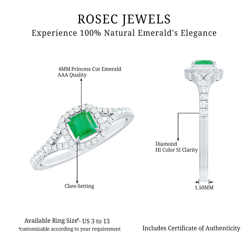 Verlobungsring mit Emerald förmigem Smaragd und Gespaltener Ringschiene mit Moissanite Steinen