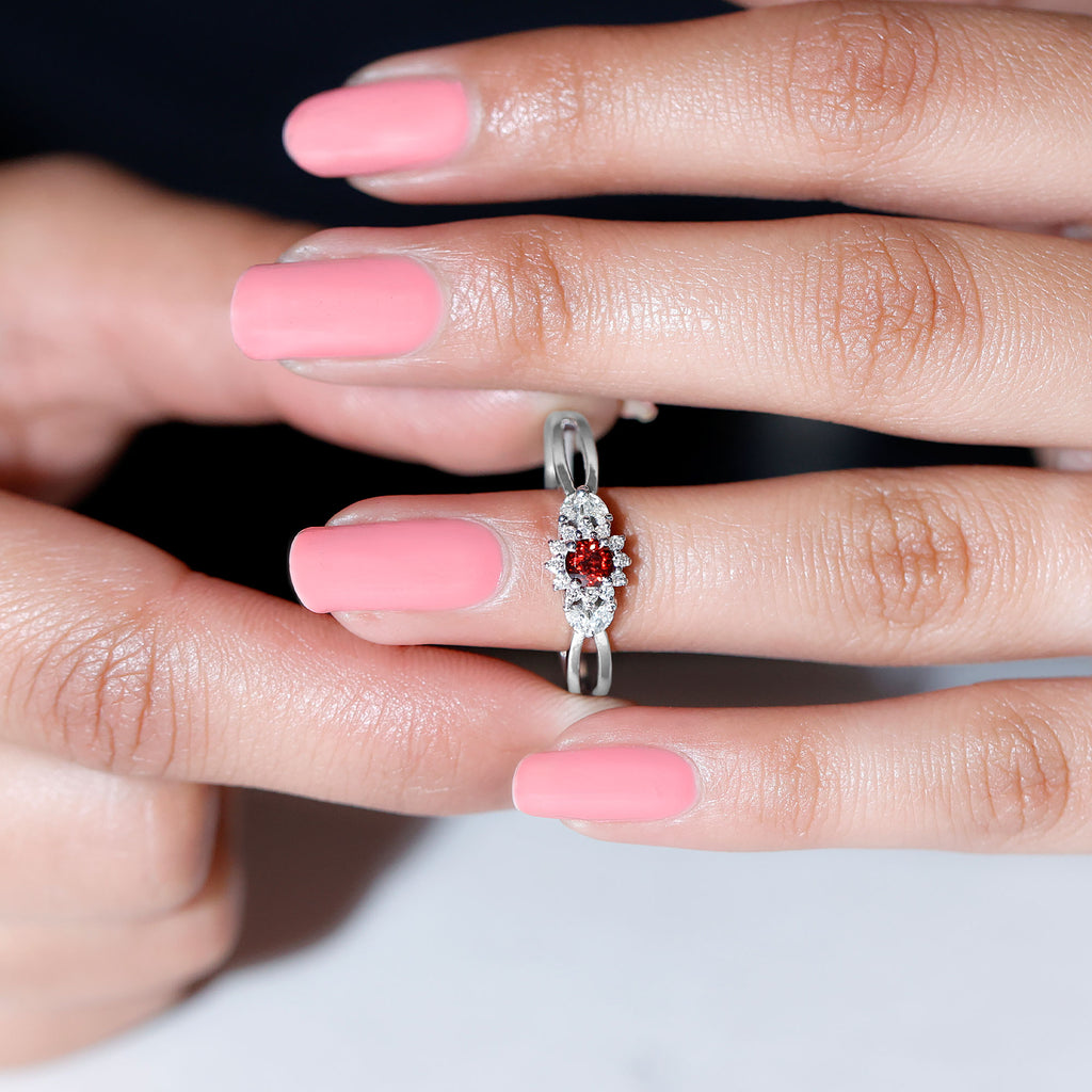 Split Shank Garnet Flower Engagement Ring with Diamond Garnet - ( AAA ) - Quality - Rosec Jewels