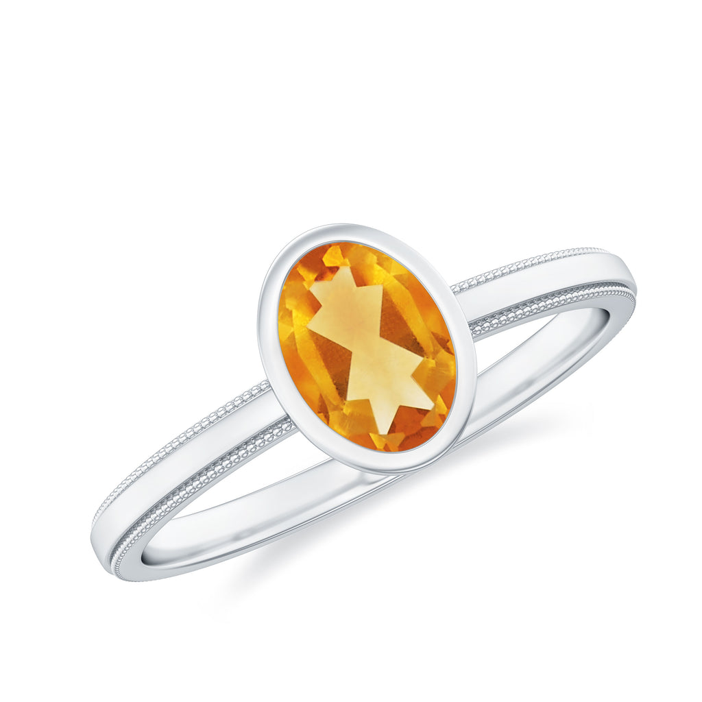 Bezel Set Oval Citrine Solitaire Ring with Beaded Detailing Citrine - ( AAA ) - Quality - Rosec Jewels