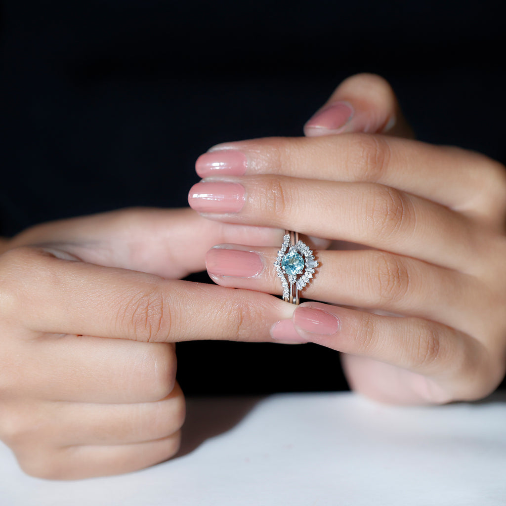 Real Aquamarine Designer Trio Wedding Ring Set with Diamond Aquamarine - ( AAA ) - Quality - Rosec Jewels