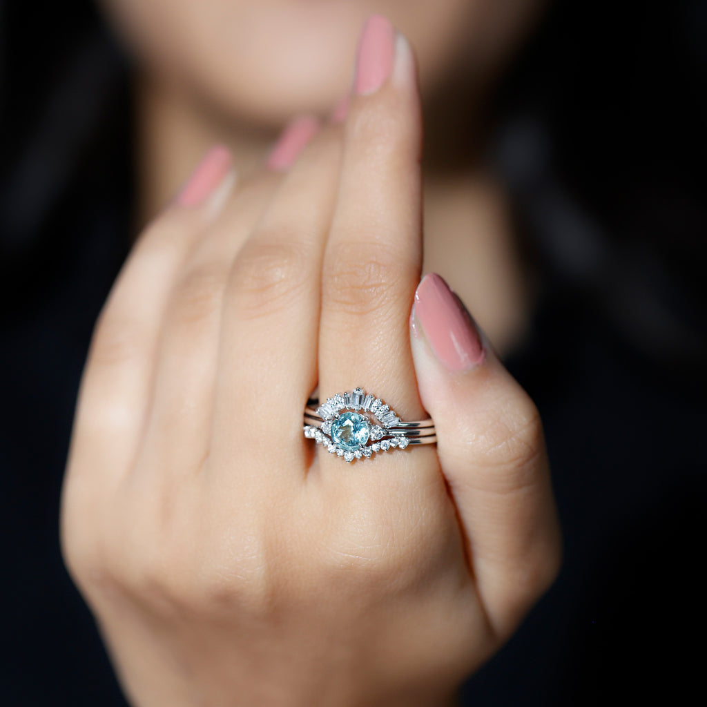 Real Aquamarine Designer Trio Wedding Ring Set with Diamond Aquamarine - ( AAA ) - Quality - Rosec Jewels