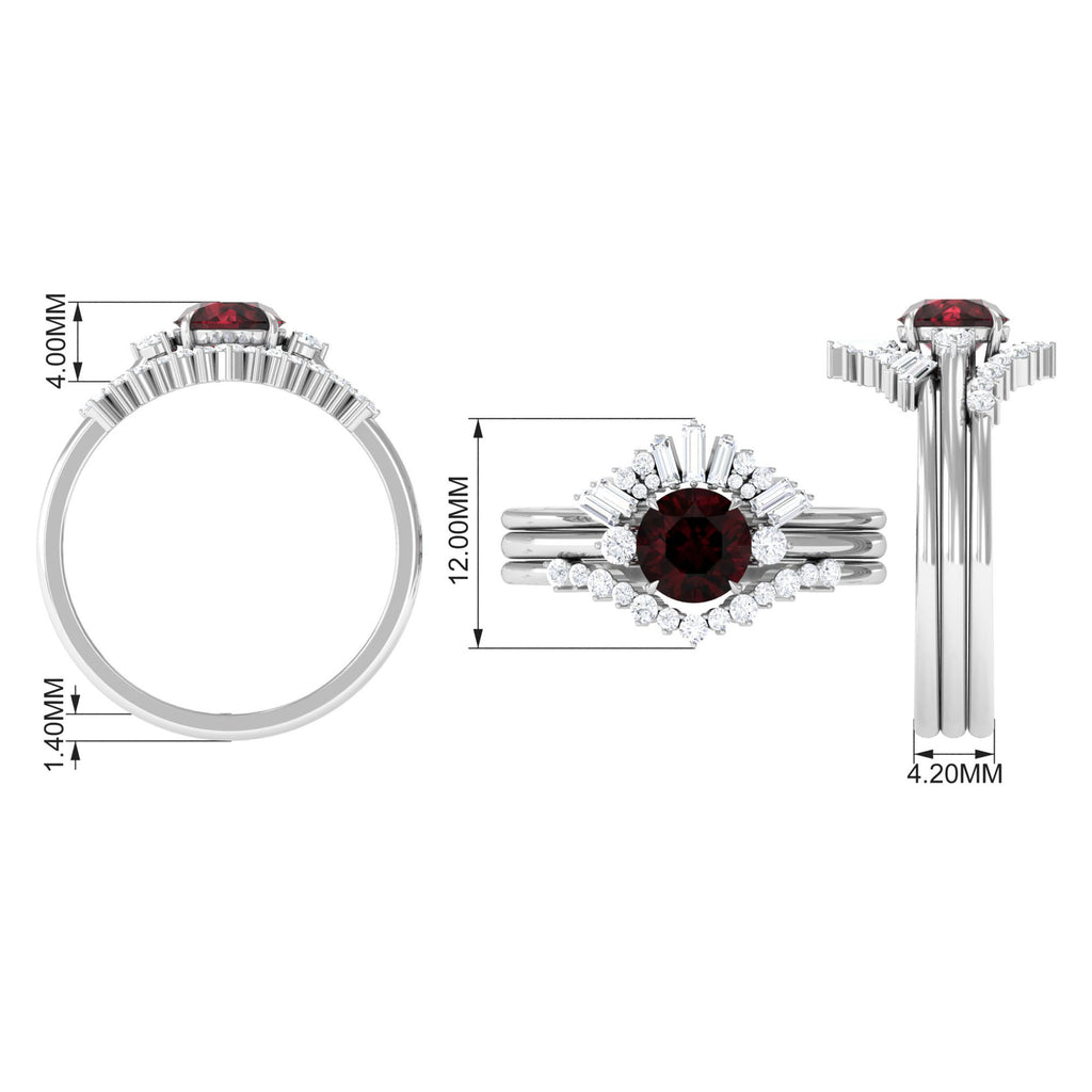 Round Garnet Designer Trio Wedding Ring Set with Diamond Garnet - ( AAA ) - Quality - Rosec Jewels
