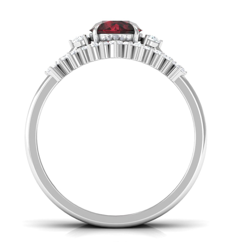 Round Garnet Designer Trio Wedding Ring Set with Diamond Garnet - ( AAA ) - Quality - Rosec Jewels