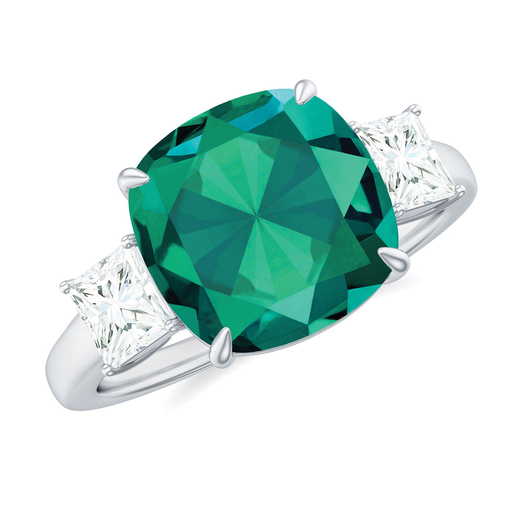 Cushion Cut Created Emerald Solitaire Engagement Ring with Moissanite Lab Created Emerald - ( AAAA ) - Quality - Rosec Jewels