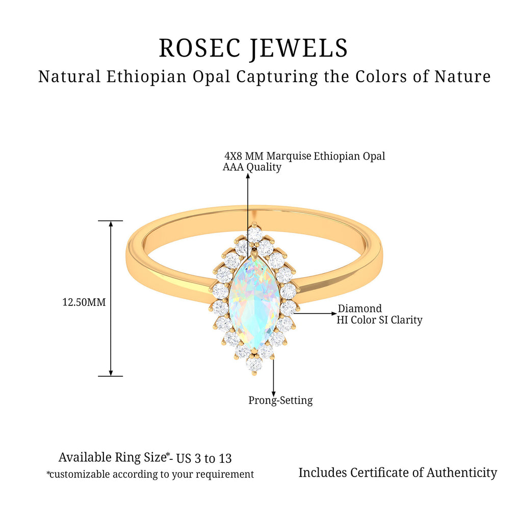 3/4 CT Marquise Shape Ethiopian Opal and Diamond Halo Engagement Ring Ethiopian Opal - ( AAA ) - Quality - Rosec Jewels