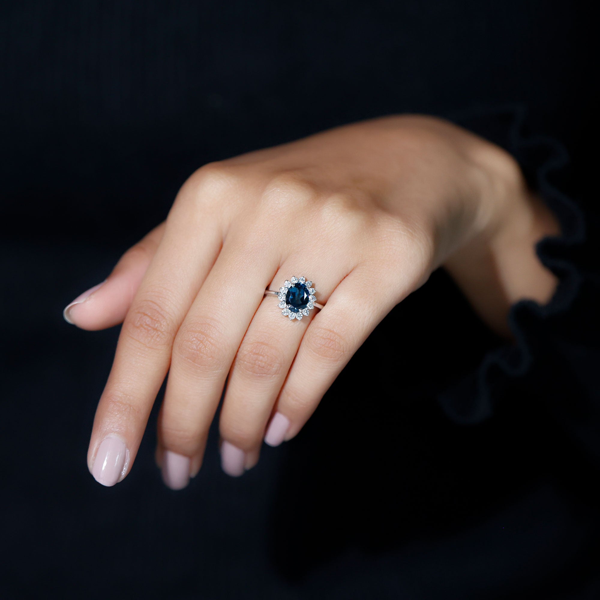 1.25 CT Princess Diana Inspired Oval Shape London Blue Topaz Engagement Ring Diamond Halo London Blue Topaz - ( AAA ) - Quality - Rosec Jewels