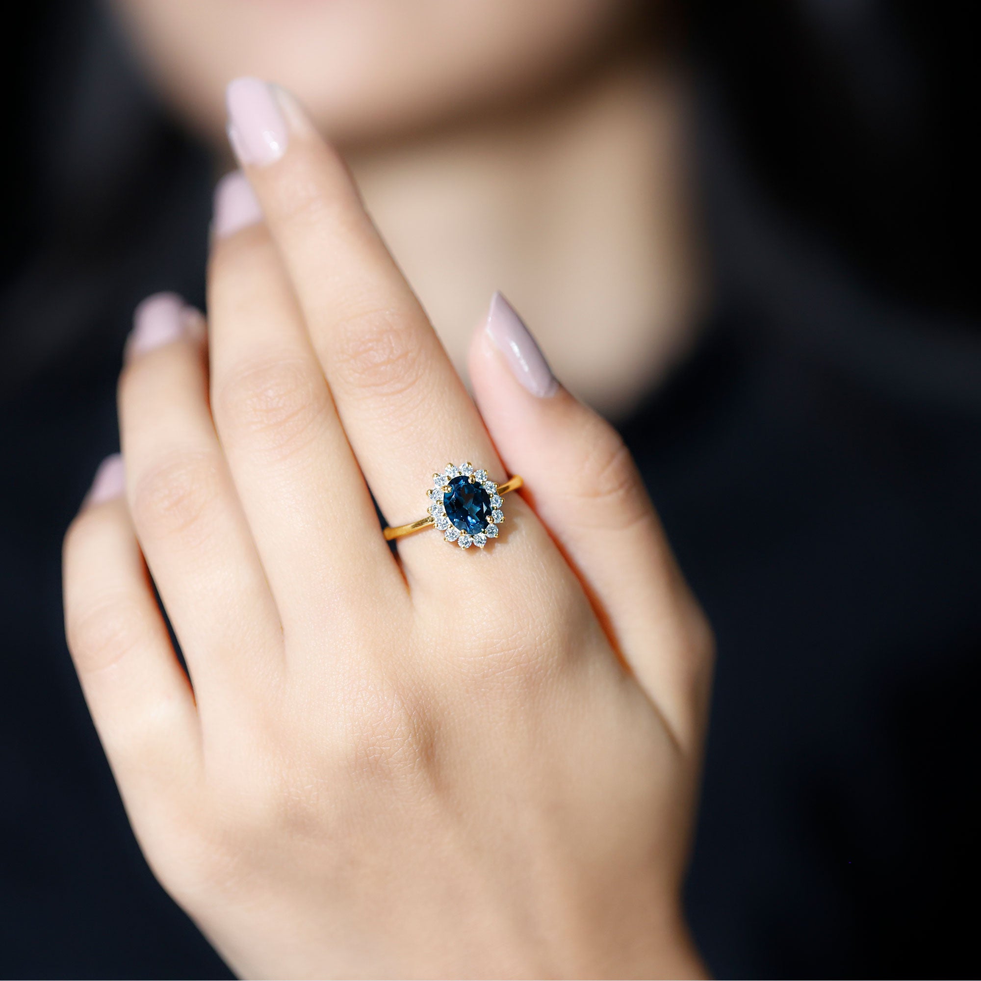 1.25 CT Princess Diana Inspired Oval Shape London Blue Topaz Engagement Ring Diamond Halo London Blue Topaz - ( AAA ) - Quality - Rosec Jewels