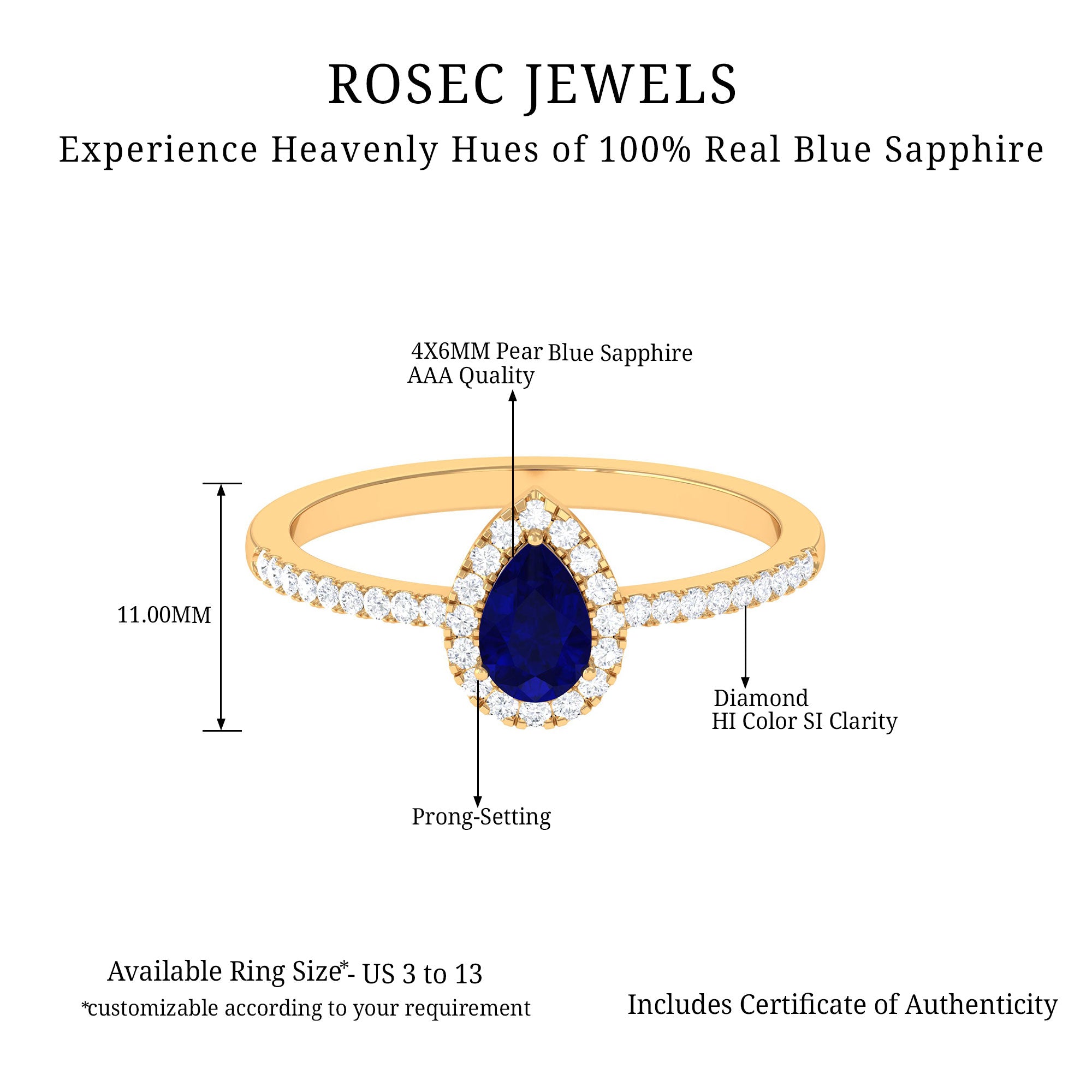3/4 CT Pear Cut Blue Sapphire Engagement Ring with Diamond Halo Blue Sapphire - ( AAA ) - Quality - Rosec Jewels