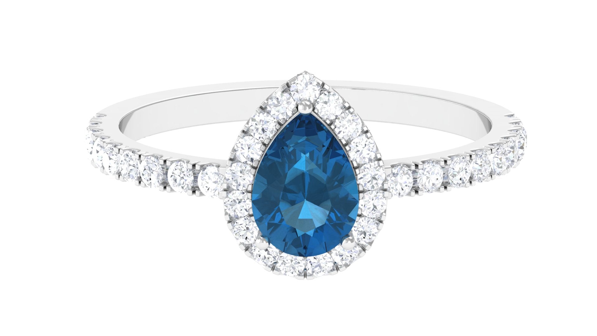 Simple London Blue Topaz Teardrop Ring with Moissanite Halo - Rosec Jewels