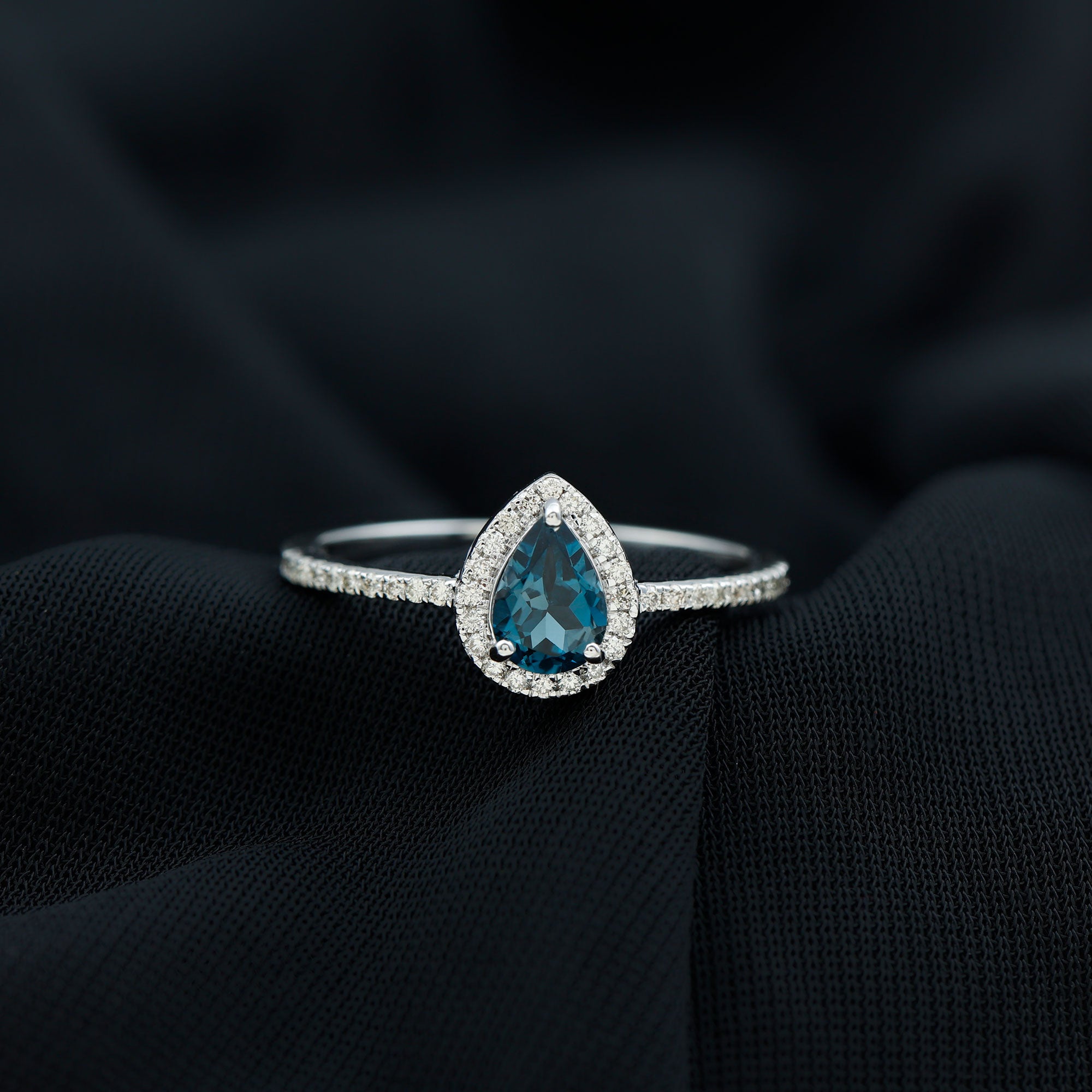 Simple London Blue Topaz Teardrop Ring with Moissanite Halo London Blue Topaz - ( AAA ) - Quality 92.5 Sterling Silver - Rosec Jewels