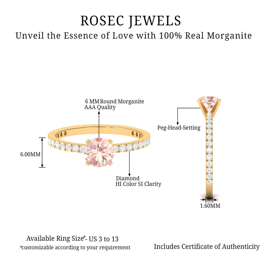 Morganite Solitaire Ring with Diamond Side Stones Morganite - ( AAA ) - Quality - Rosec Jewels