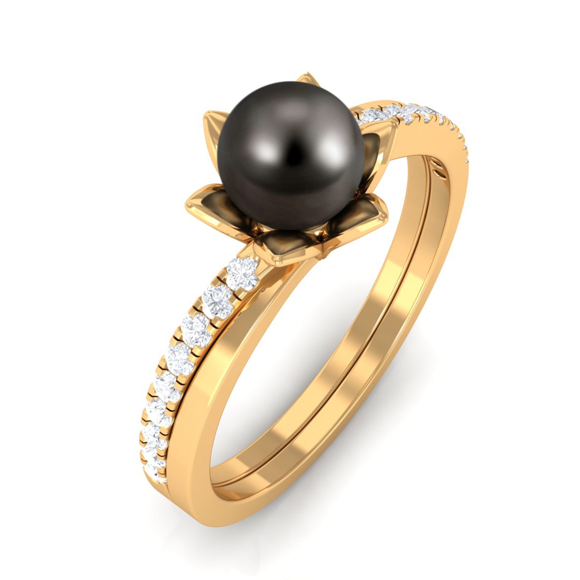 Tahitian Pearl and Diamond Flower Bypass Ring Tahitian pearl - ( AAA ) - Quality - Rosec Jewels