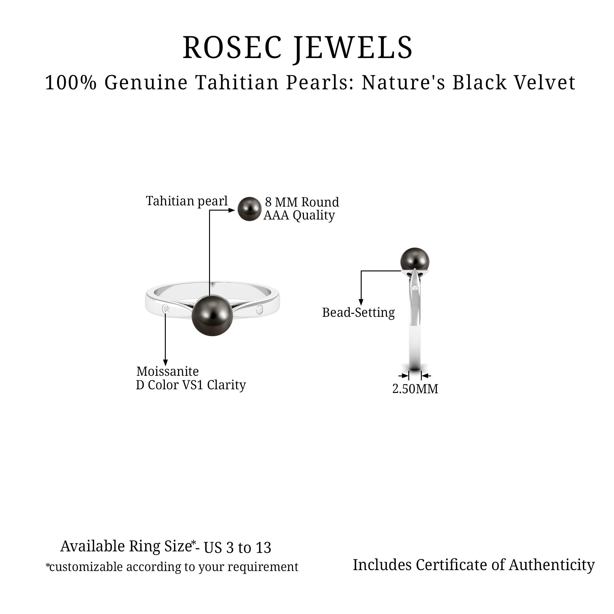 2.50 CT Solitaire Black Tahitian Pearl Engagement Ring with Moissanite Tahitian pearl - ( AAA ) - Quality - Rosec Jewels