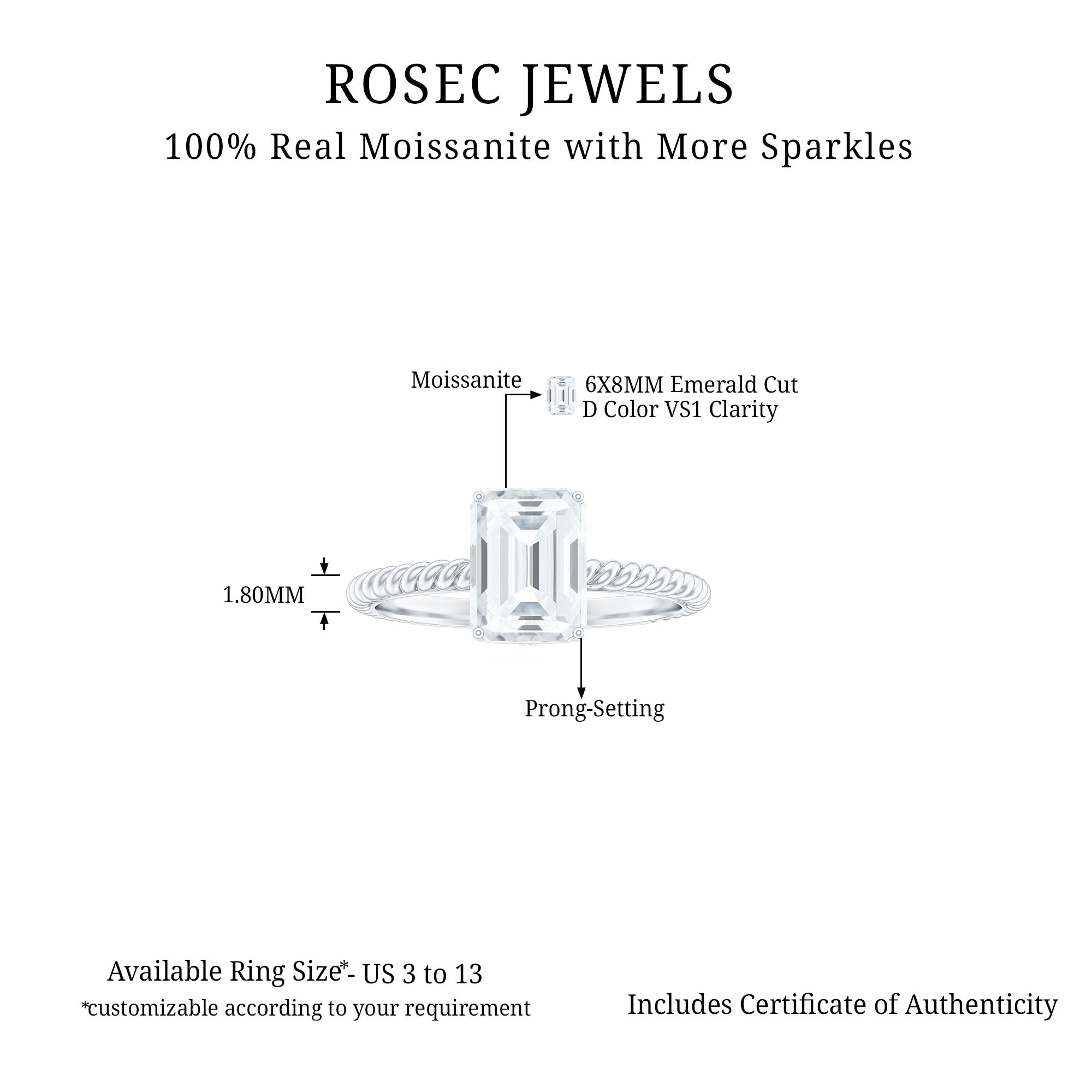Emerald Cut Moissanite Solitaire Silver Ring with Silver Twisted Rope - Rosec Jewels