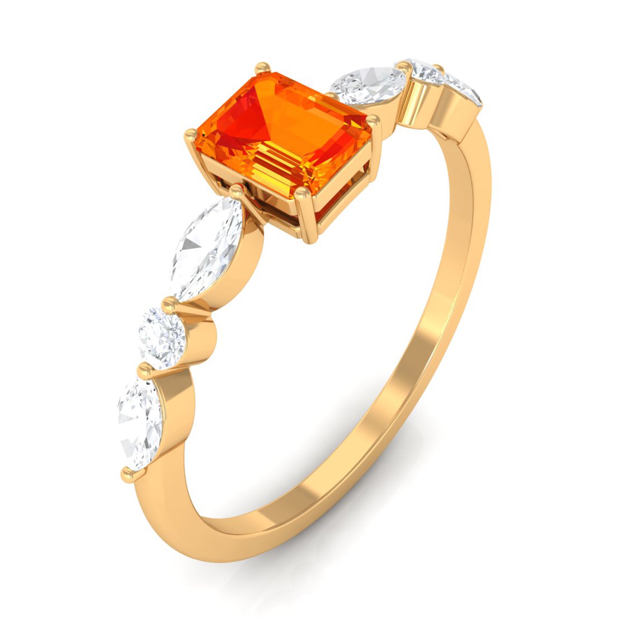 Octagon Cut Orange Sapphire Promise Ring with Diamond Side Stones Orange Sapphire - ( AAA ) - Quality - Rosec Jewels