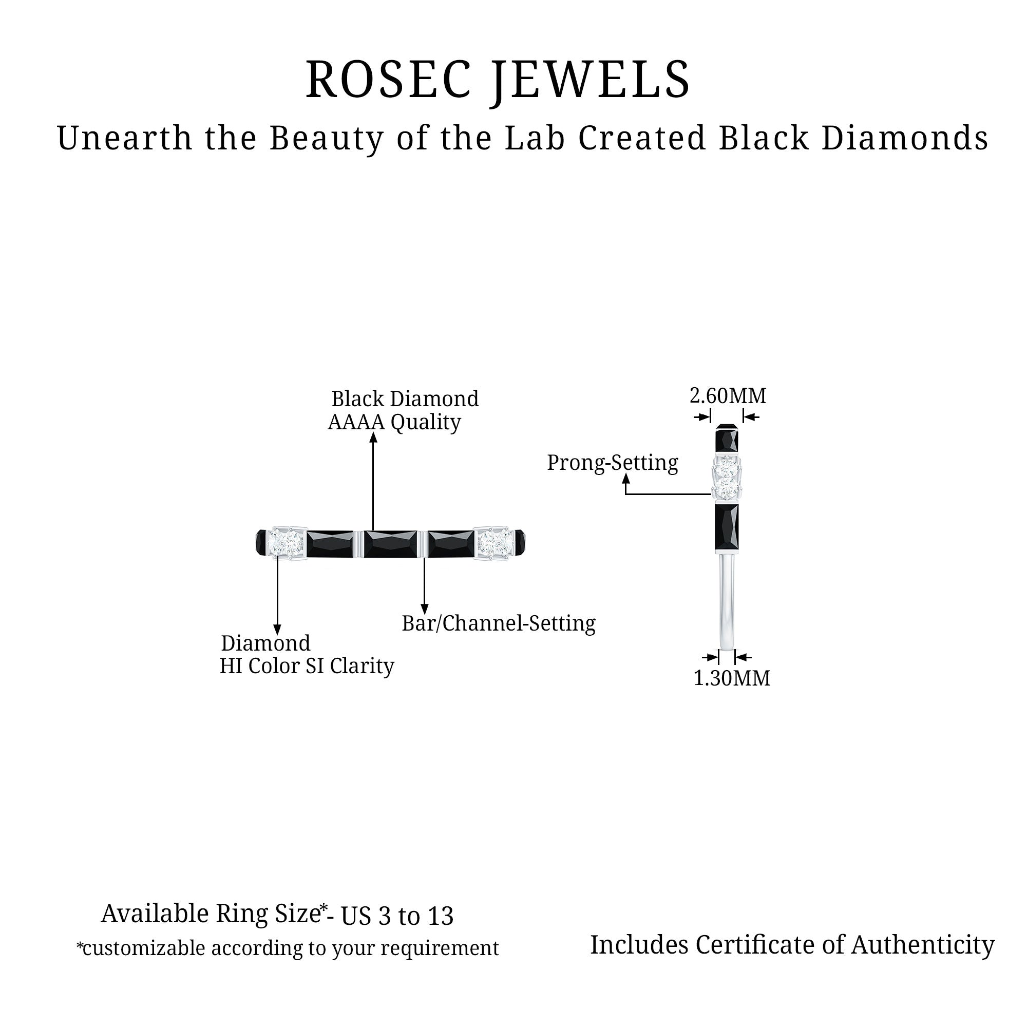 1 CT Baguette Cut Created Black Diamond Half Eternity Ring with Diamond Lab Created Black Diamond - ( AAAA ) - Quality 92.5 Sterling Silver 7.5 - Rosec Jewels