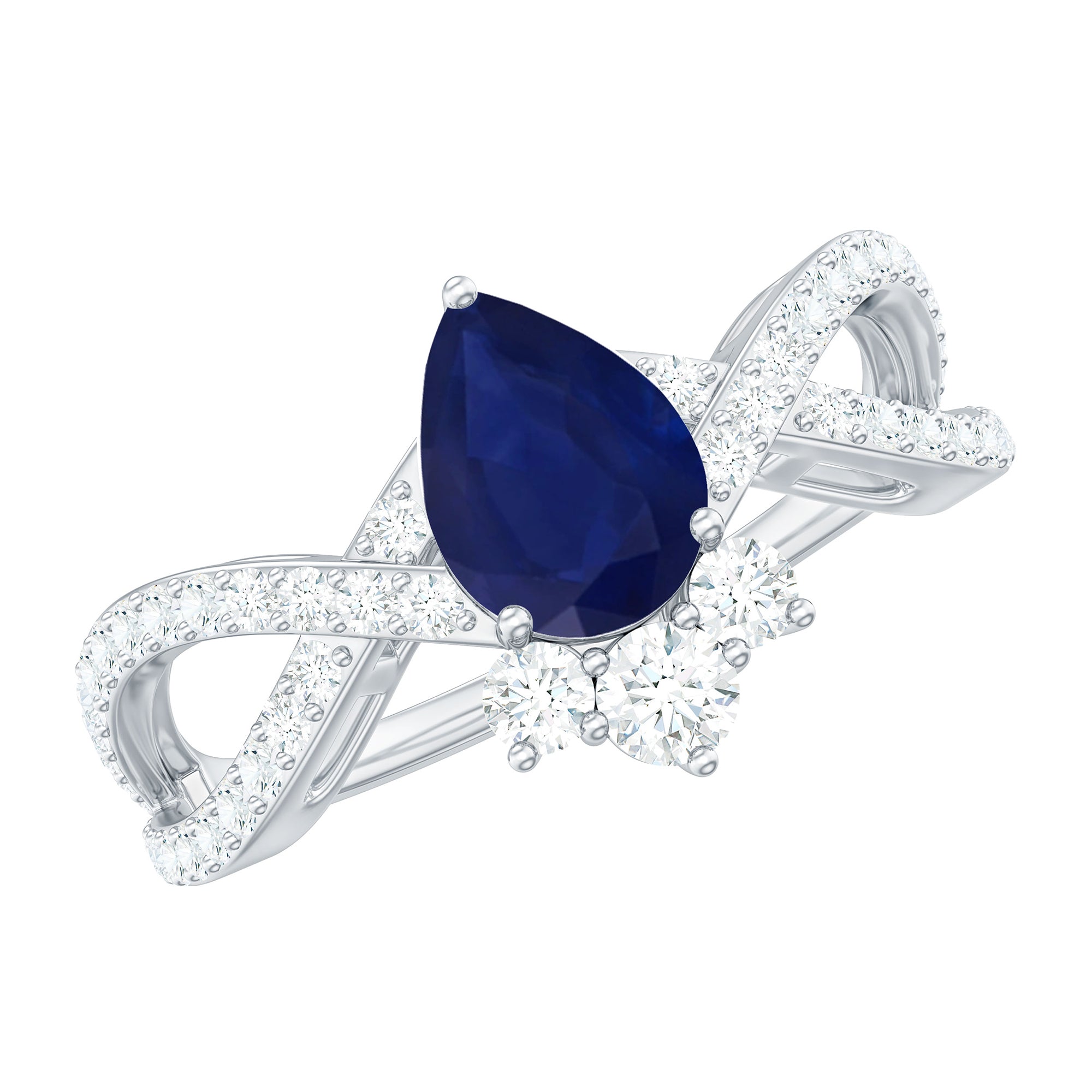 1.75 CT Pear Cut Blue Sapphire and Diamond Crossover Engagement Ring Blue Sapphire - ( AAA ) - Quality - Rosec Jewels
