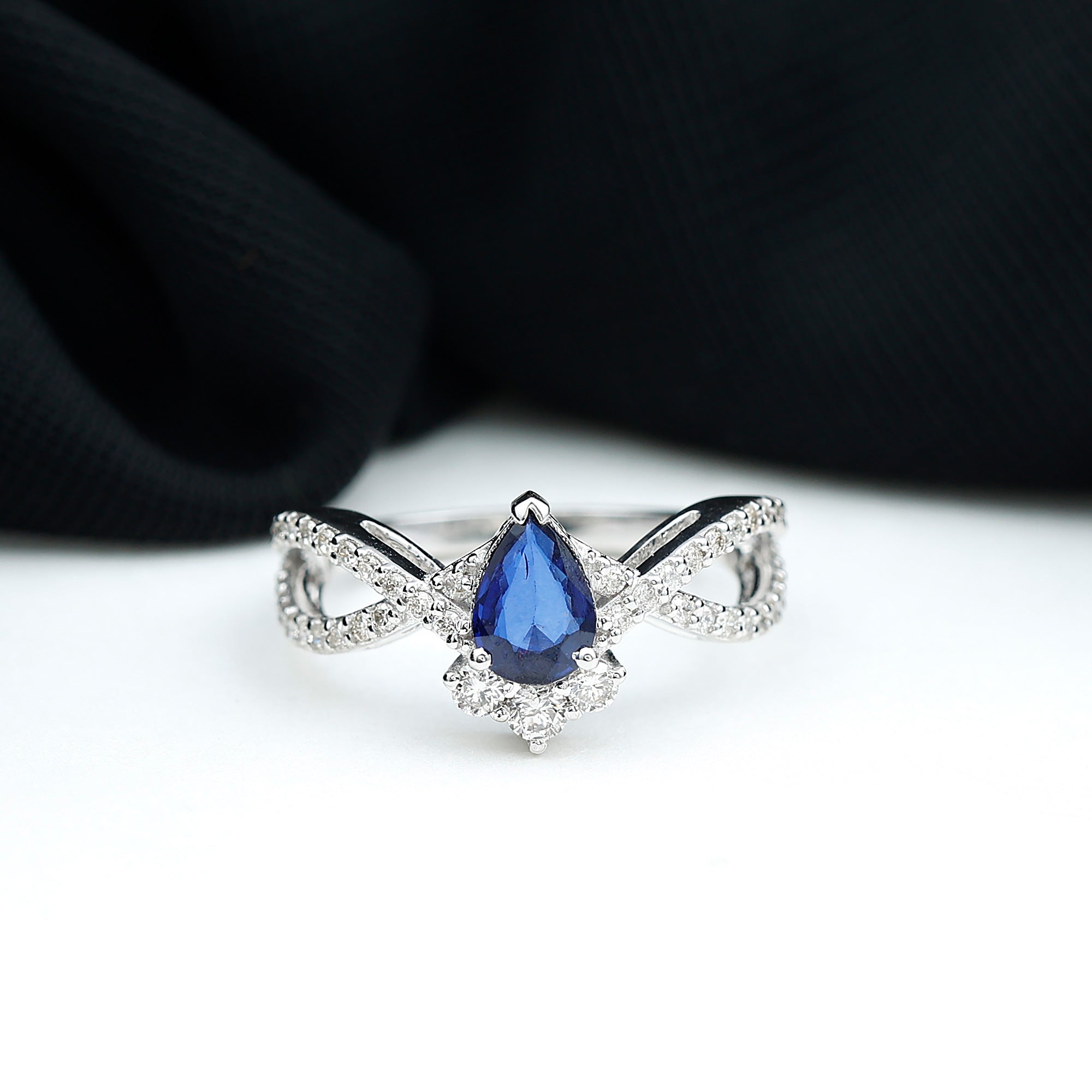 1.75 CT Pear Cut Blue Sapphire and Diamond Crossover Engagement Ring Blue Sapphire - ( AAA ) - Quality - Rosec Jewels